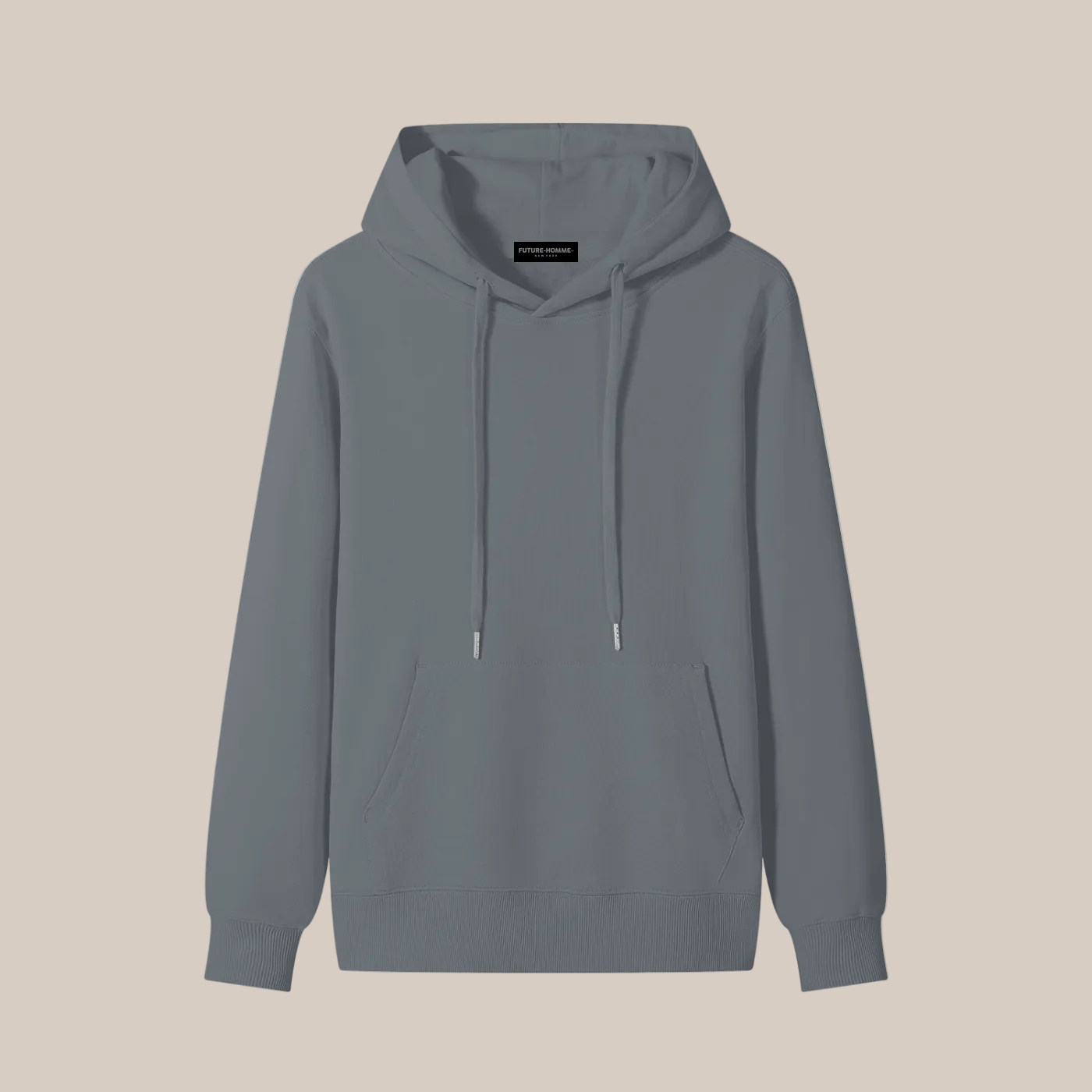 Dark gray hoodie on a beige background