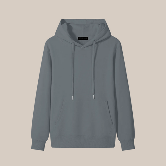 Dark gray hoodie on a beige background