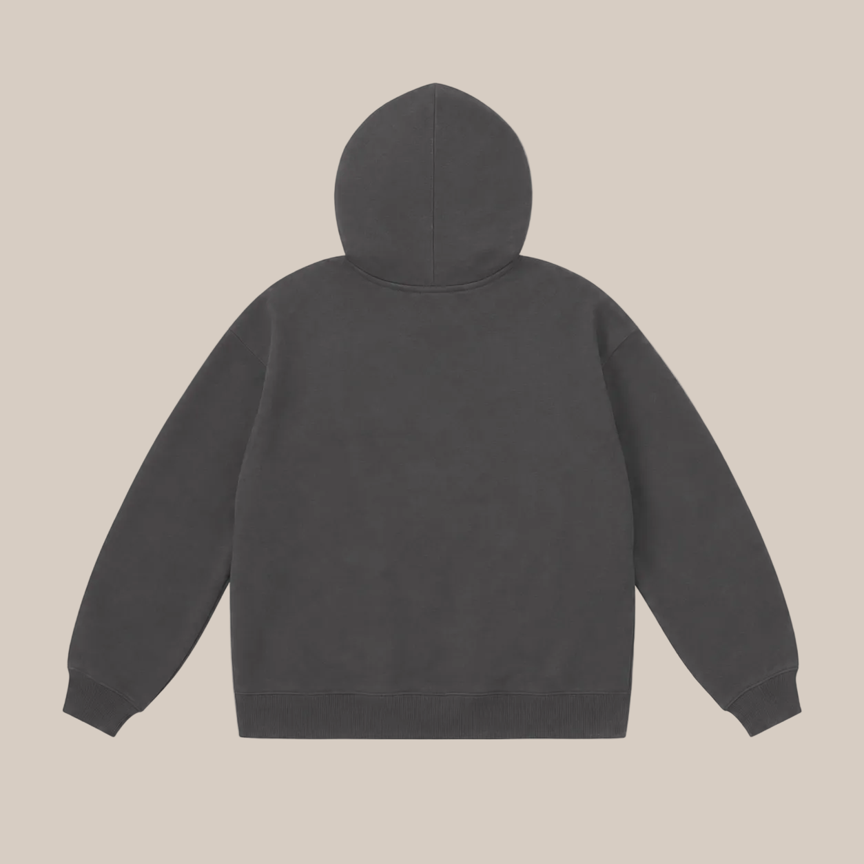 A dark gray hooded sweatshirt shown from the back, featuring a solid color with ribbed cuffs and hem, photographed on a clean beige background.