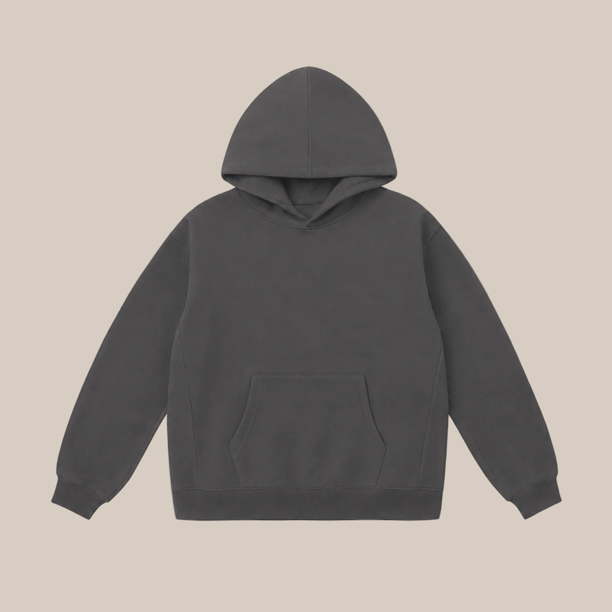 A dark gray pullover hoodie with a front kangaroo pocket, shown flat against a plain beige background.