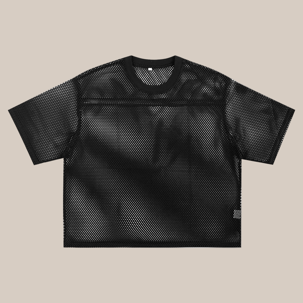Black textured t-shirt with a logo on a white background
