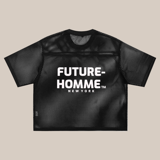 Black mesh t-shirt with 'Future Homme New York' text on a white background