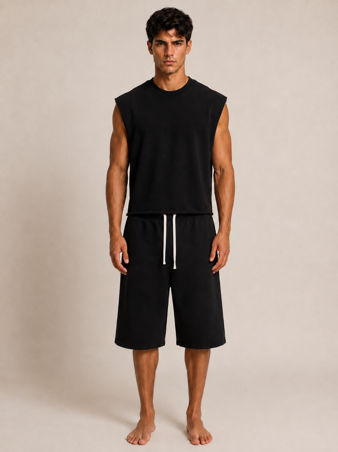 A man modeling a black sleeveless crewneck top and matching black drawstring shorts against a plain beige studio background.