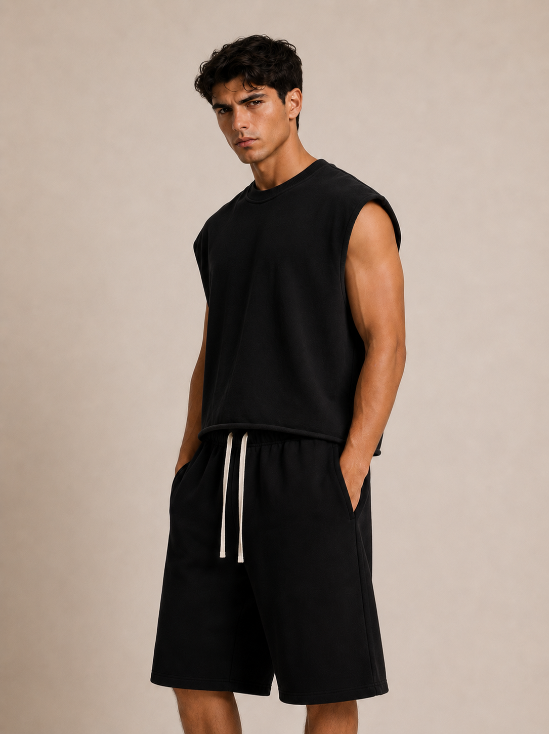 A man modeling a black sleeveless crewneck top and matching black drawstring shorts against a plain beige studio background.