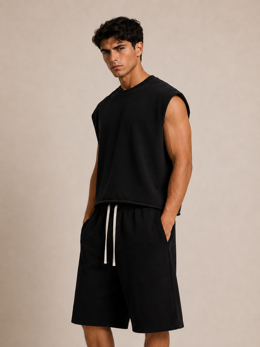 A man modeling a black sleeveless crewneck top and matching black drawstring shorts against a plain beige studio background.