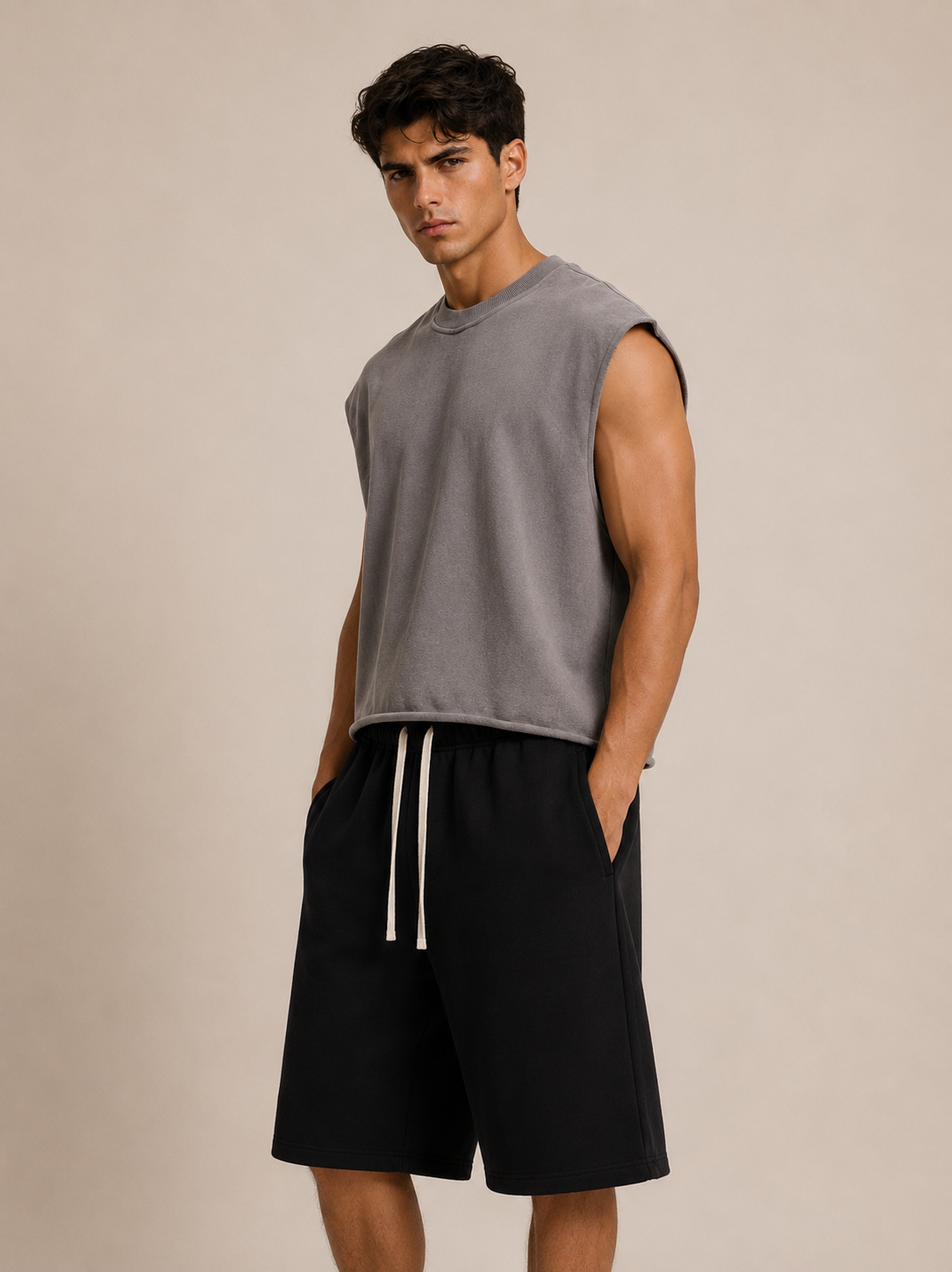 A man modeling a sleeveless gray crewneck sweatshirt and black drawstring shorts against a plain beige studio background.