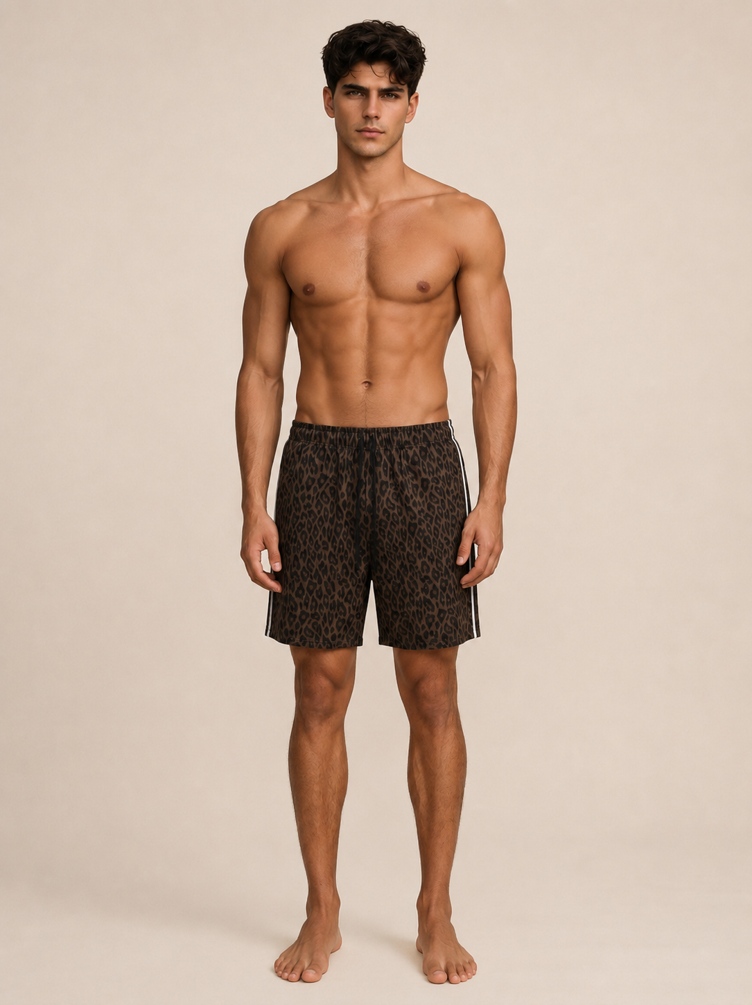 A shirtless male model stands against a plain beige studio background wearing dark patterned swim trunks with white side stripes.