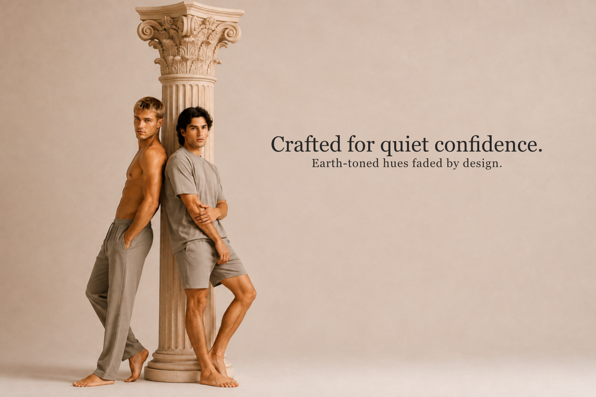 Two male models in matching earth-toned lounge sets lean against a large stone column in a studio setting. Text on the right reads, 'Crafted for quiet confidence.
