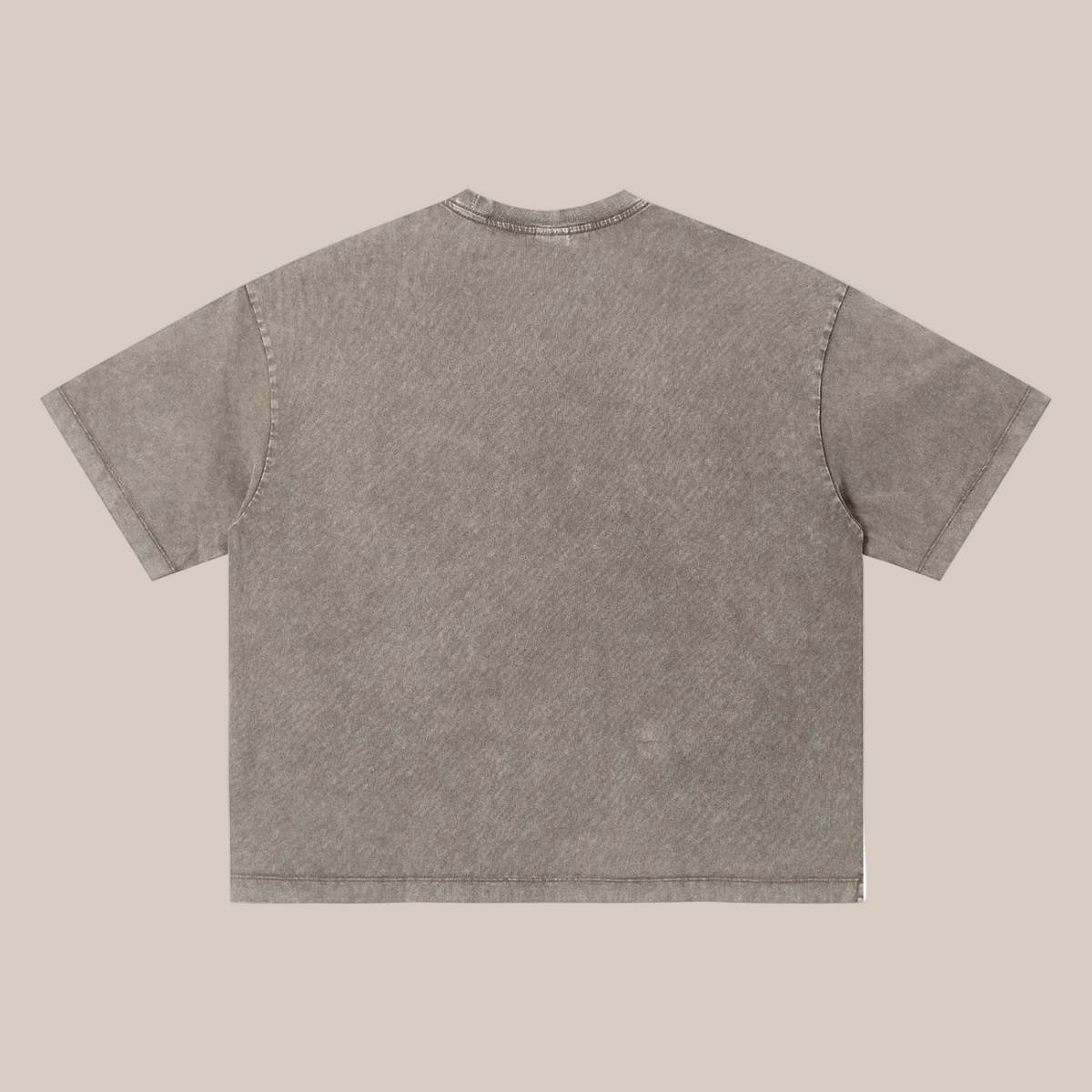 Back view of a plain brown t-shirt on a beige background