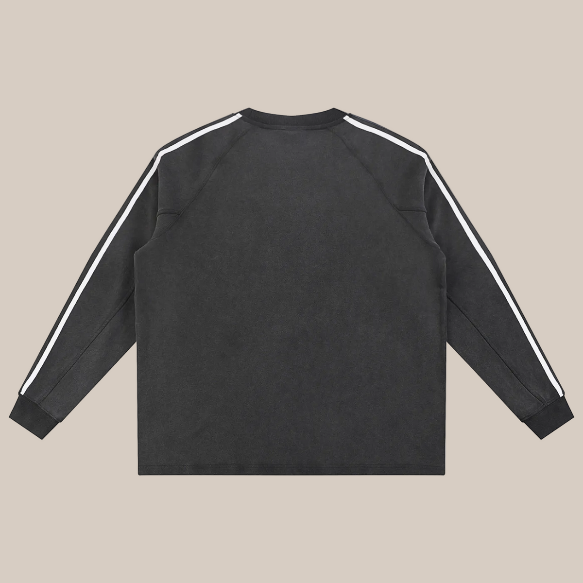 Black sweatshirt with white stripes on sleeves and back against a white background