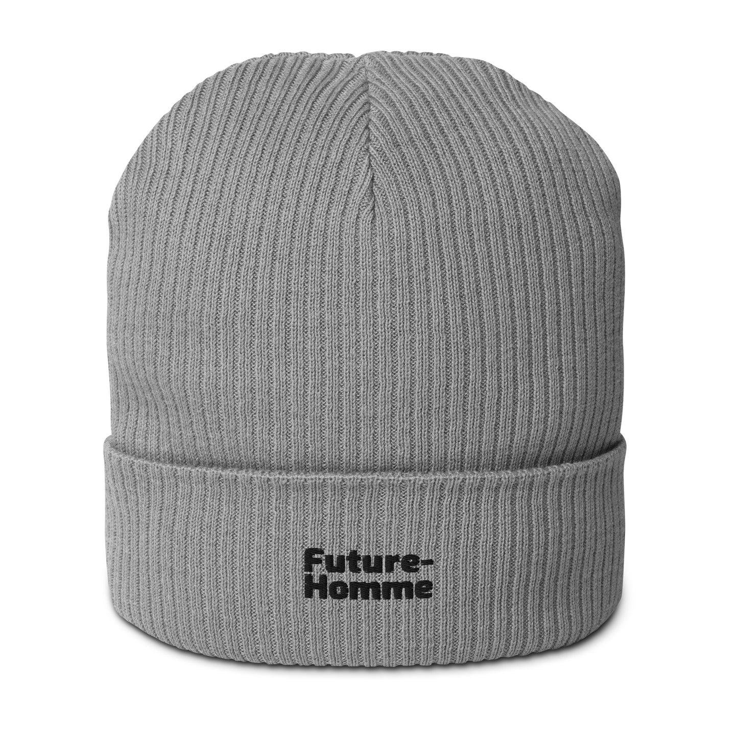 Gray beanie with 'Future-Homme' text on a white background