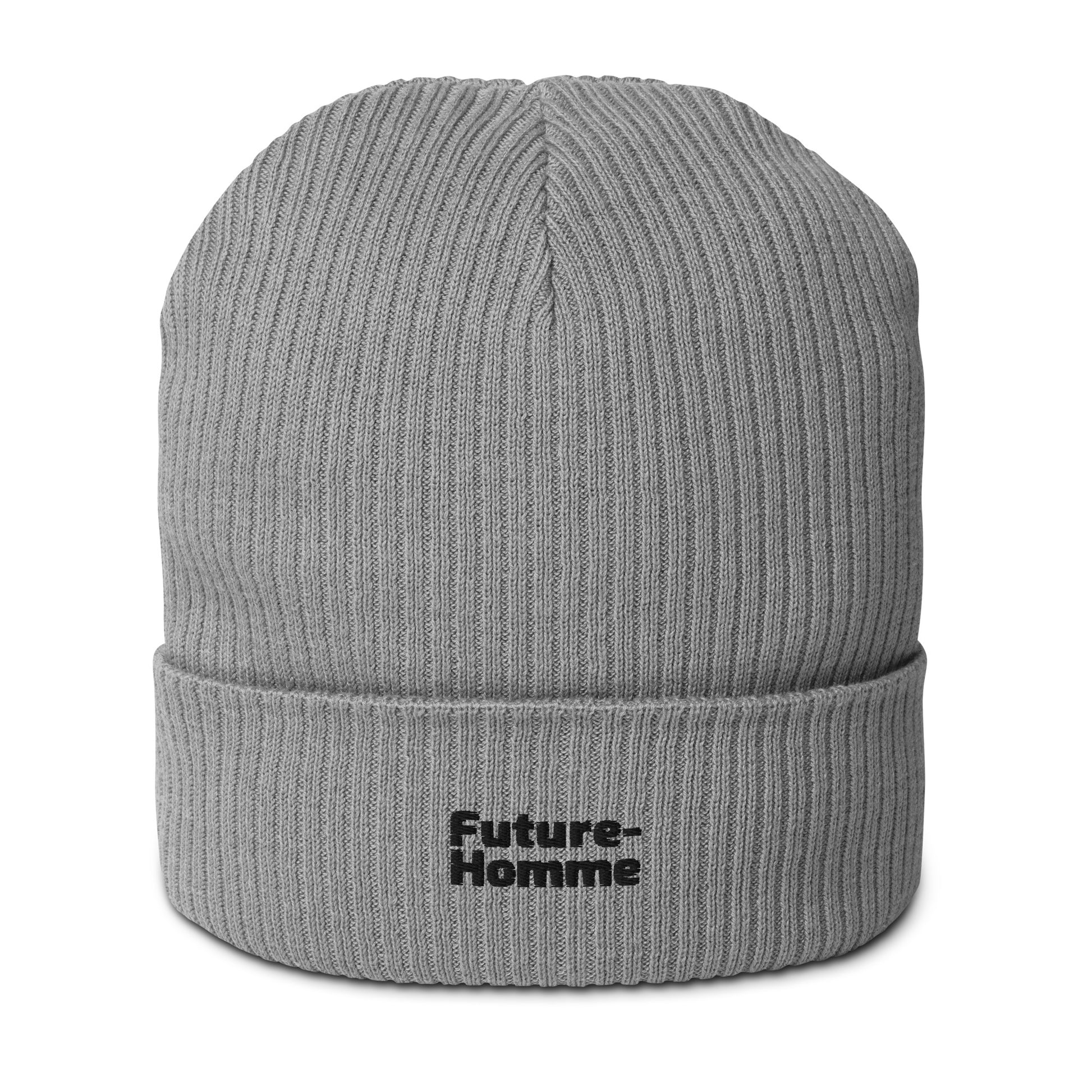 Gray beanie with 'Future-Homme' text on a white background