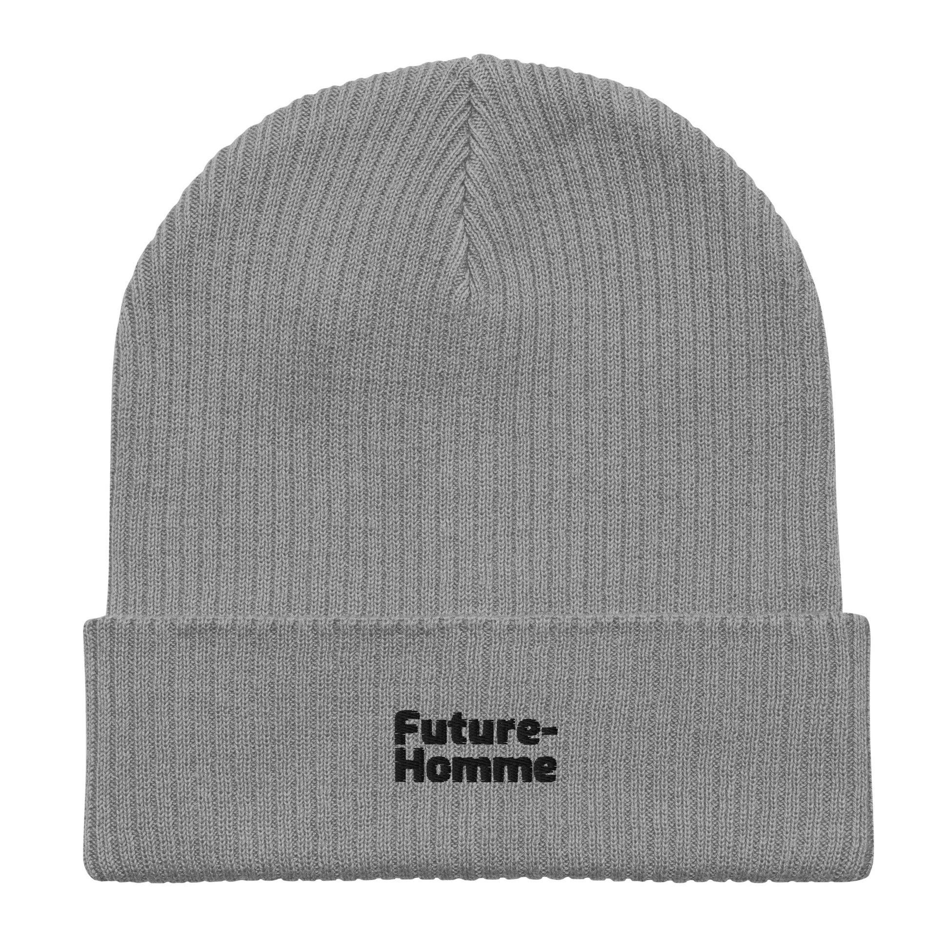 Gray beanie with 'Future-Homme' logo on a white background