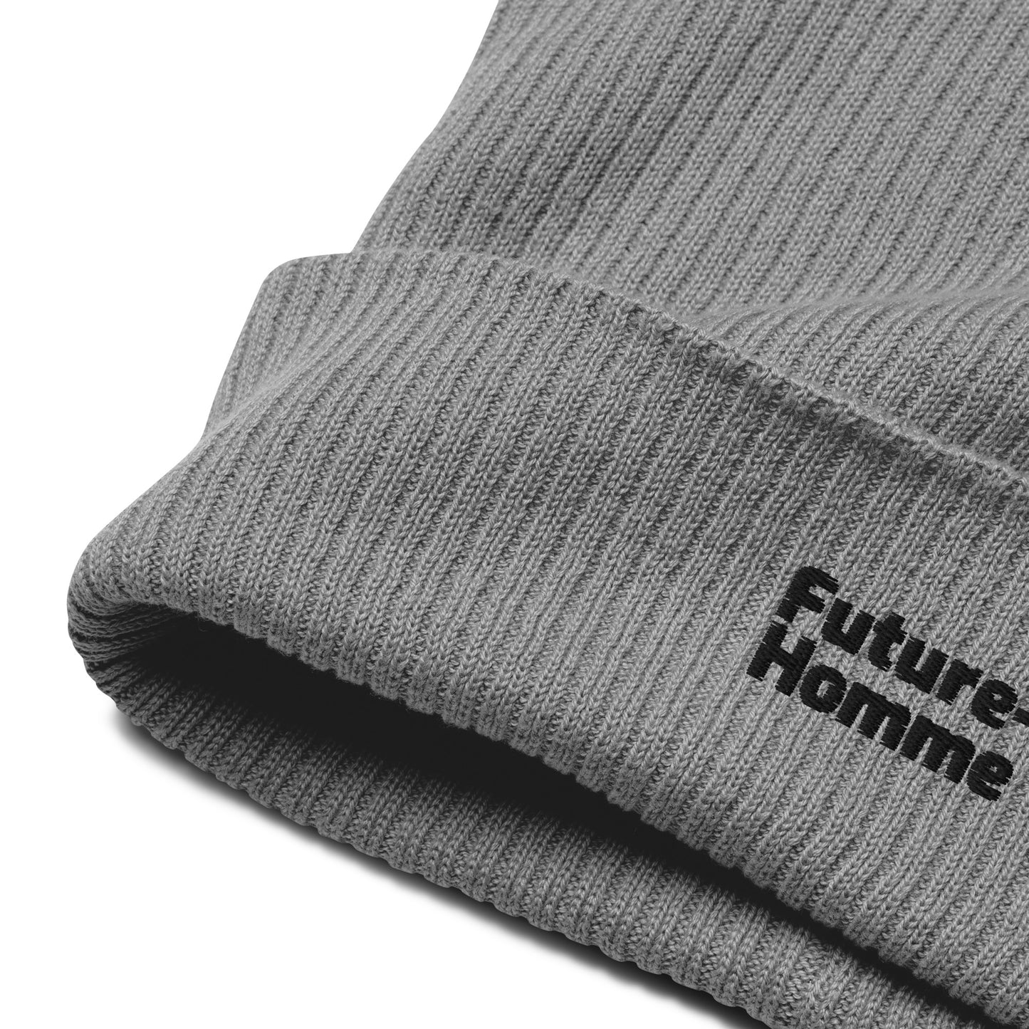 Gray knit beanie with 'Future-Homme' logo on a white background